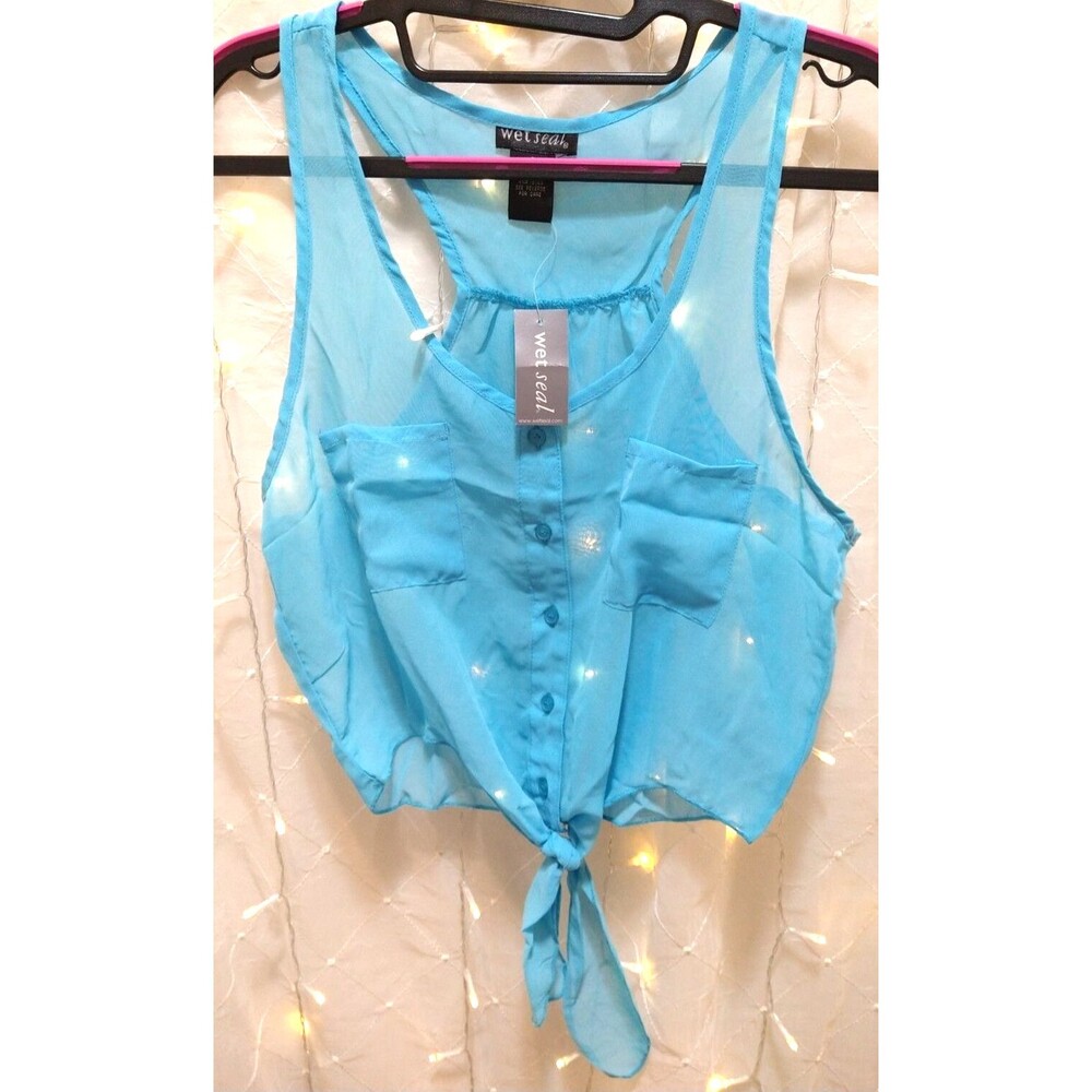 WET SEAL NWT SMALL BLUE CROP TOP SEMI SHEER TIE FRONT LIGHTWEIGHT RACERBACK CROP